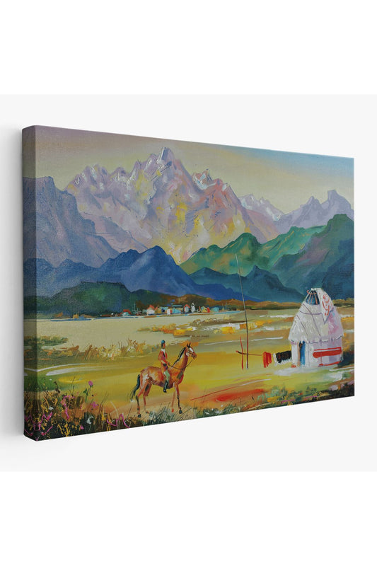 Kazakistan da Bir Göçebe Çadırı Yağlıboya Görünüm Dekoratif Kanvas Duvar Tablosu-3601