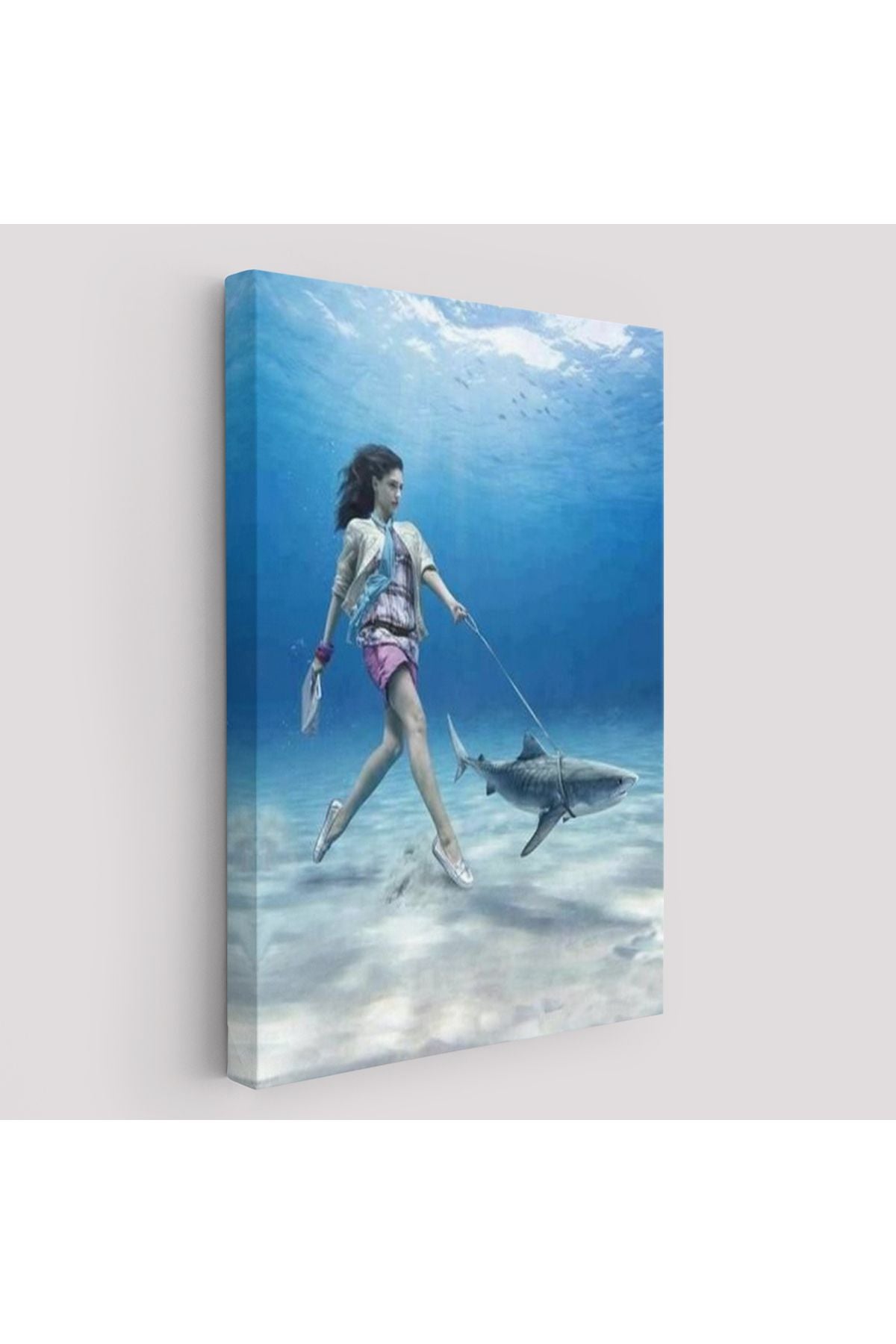 Su Altında Köpek Balığı Gezdiren Kadın Tablosu-6482