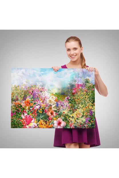 Suluboya Görünümlü Çok Renkli Çiçek Manzaralı Kanvas Tablo-1196