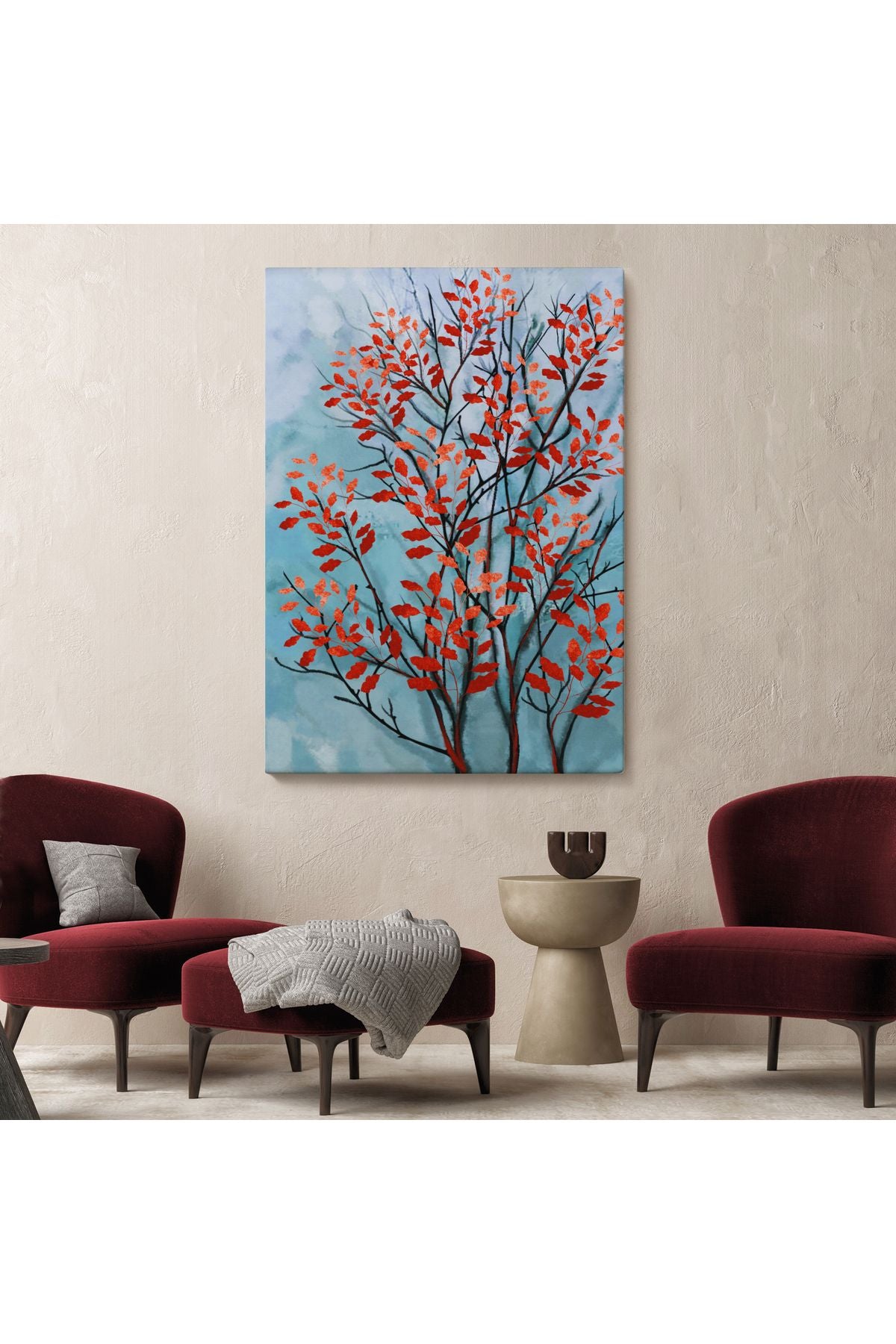 Kırmızı Yapraklar Soyut Dekoratif Kanvas Tablo-5179