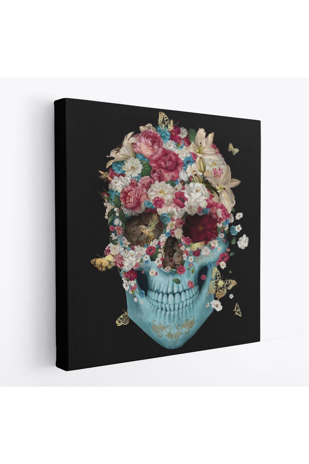 Renkli Çiçeklerle Kafatası Kanvas Tablo, Ölülerin Günü Baskıları, Şeker Kafatası-5332