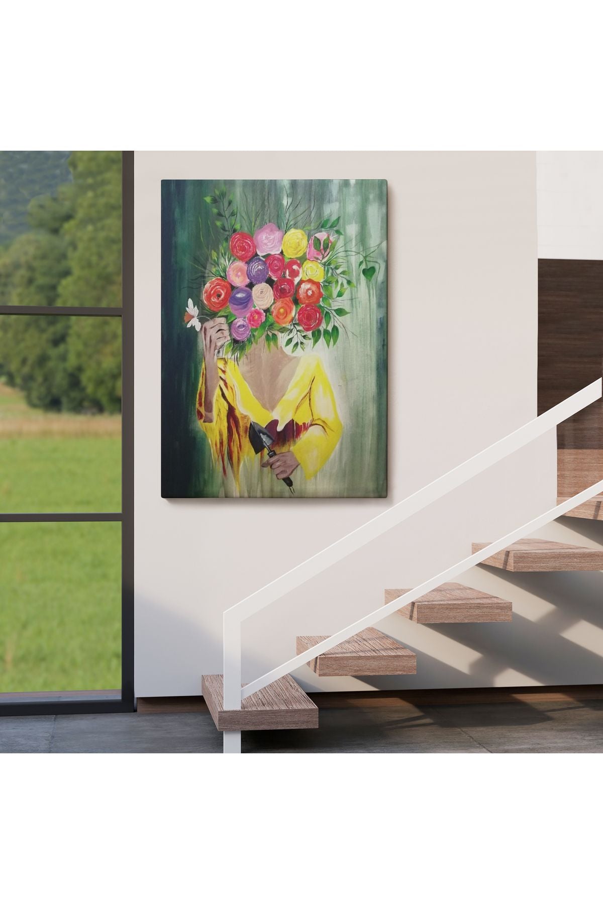 Çiçek Başlı Kadın Portresi Yağlıboya Görünüm Dekoratif Duvar Tablosu-6394