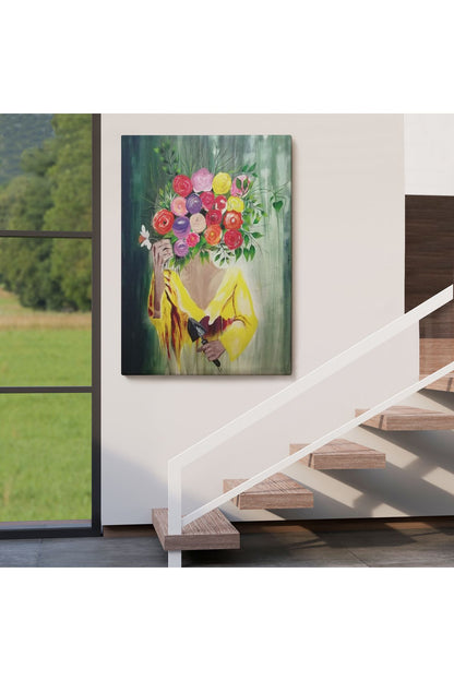 Çiçek Başlı Kadın Portresi Yağlıboya Görünüm Dekoratif Duvar Tablosu-6394