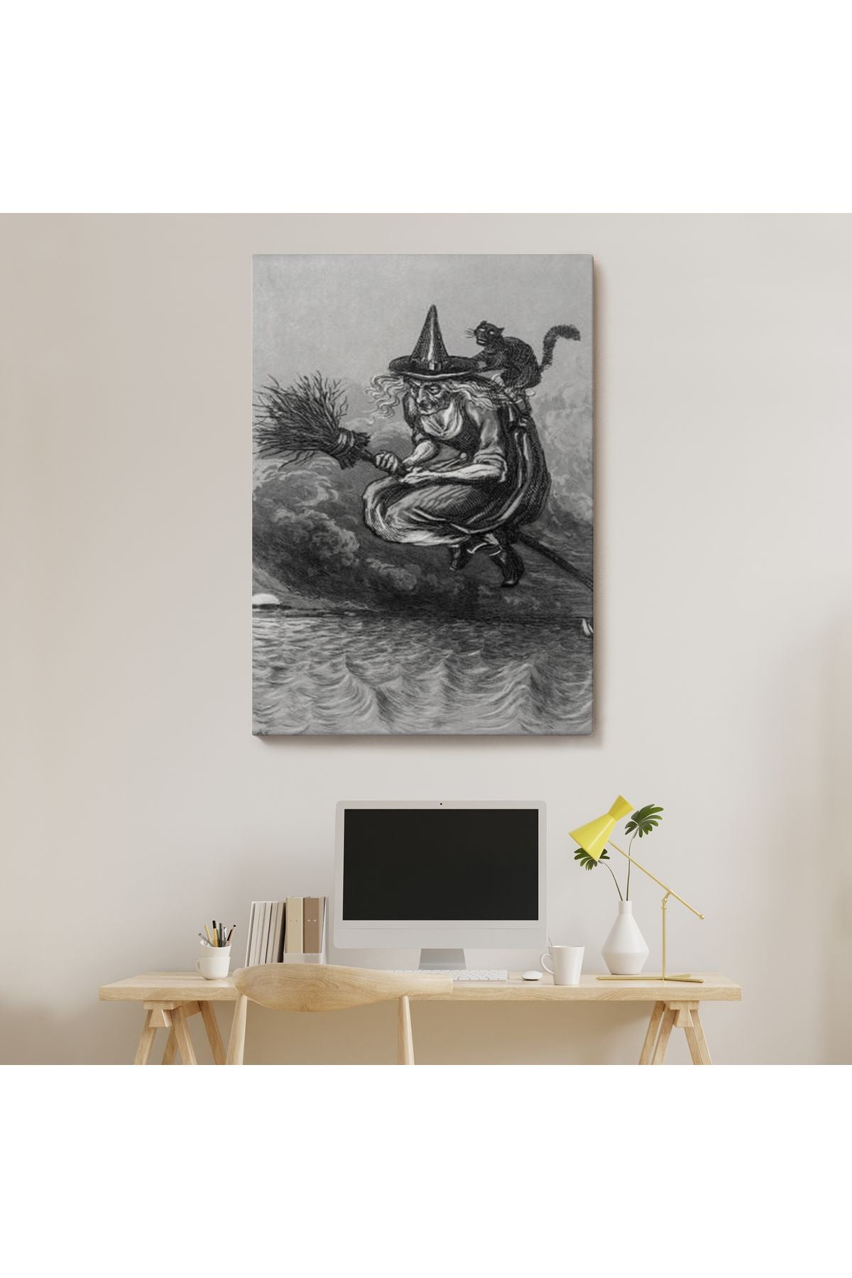 Süpürge ile Uçan Yaşlı Cadı ve Kedisi, Cadılar Bayramı Hediyesi, Hellowen Tablo -6304