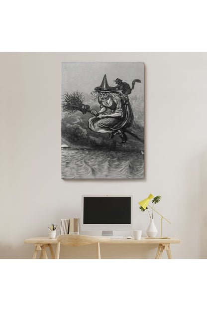 Süpürge ile Uçan Yaşlı Cadı ve Kedisi, Cadılar Bayramı Hediyesi, Hellowen Tablo -6304