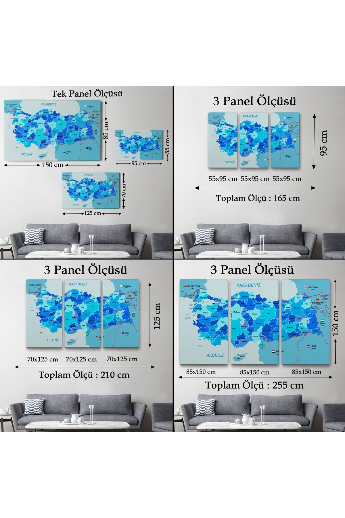 Türkiye Haritası Kanvas Tablo Sınır Komşulu Eğitici Dekoratif Tablo 3086