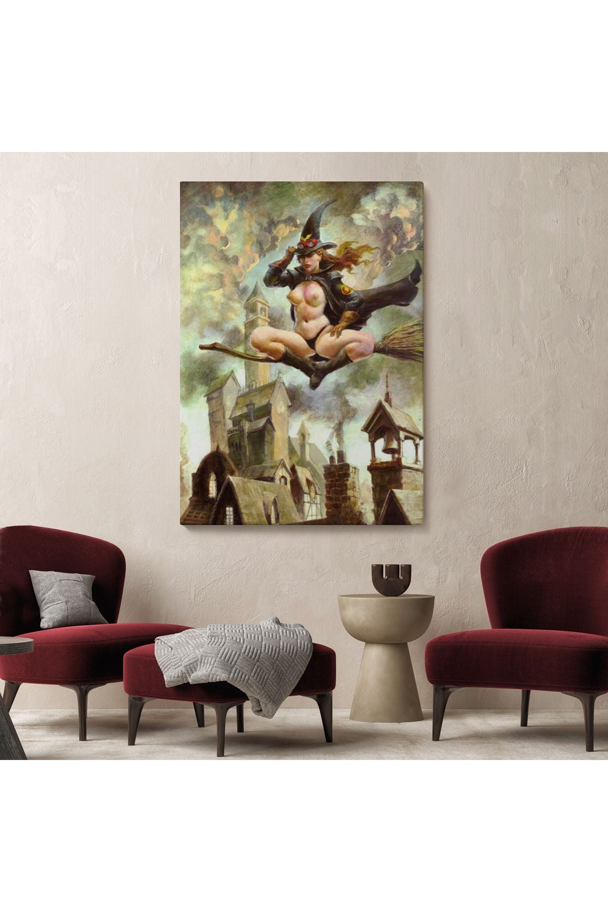 Çıplak Cadı Süpürgeye Biniyor, Cadılar Bayramı Gotik Sanatı, Kanvas Tablo-5288