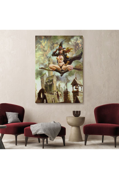 Çıplak Cadı Süpürgeye Biniyor, Cadılar Bayramı Gotik Sanatı, Kanvas Tablo-5288