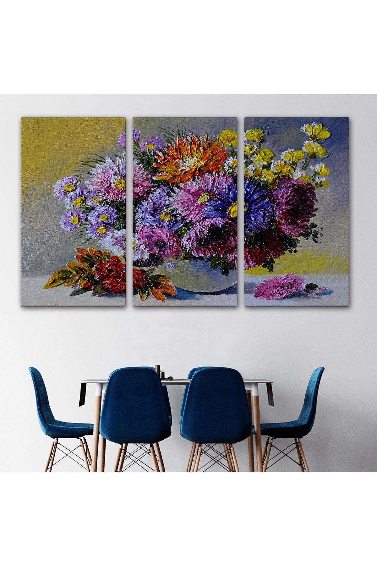 Renkli Çiçekler Yağlıboya Görünüm Dekoratif Kanvas Duvar Tablosu-3448