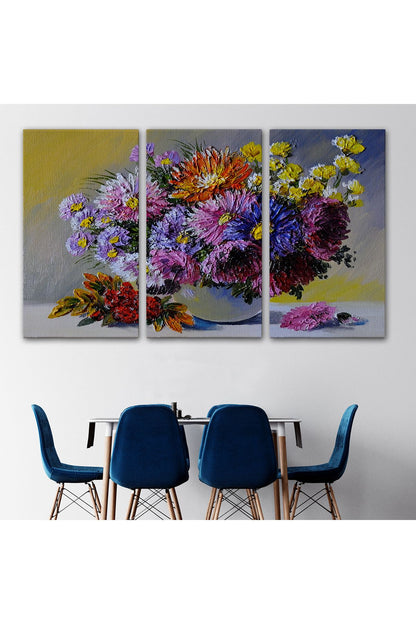 Renkli Çiçekler Yağlıboya Görünüm Dekoratif Kanvas Duvar Tablosu-3448