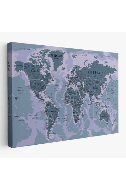 Dünya Haritası Son Derece Ayrıntılı Eğitici Okyanuslu Dekoratif Kanvas Tablo 2513