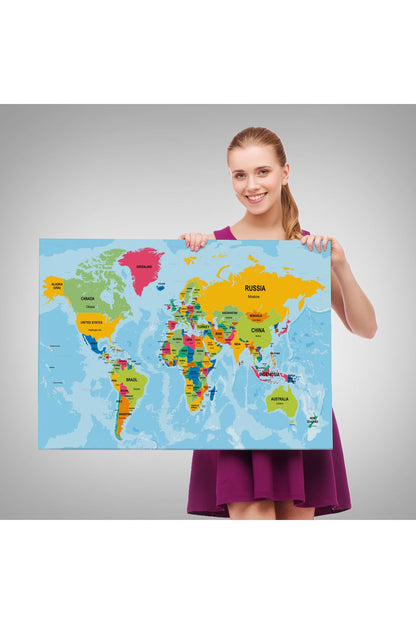 Dünya Haritası Ülke Başkentli Okyanuslu ve Dekoratif Kanvas Tablo 2243