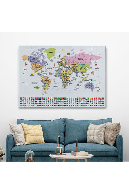 Türkçe Dünya Haritası Ayrıntılı Eğitici Sembollü Bayraklı Dekoratif Kanvas Tablo 2846