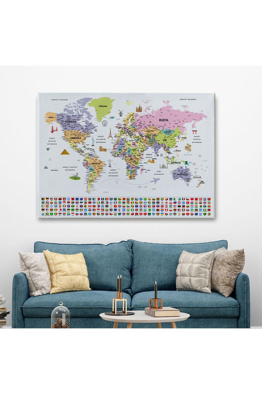 Türkçe Dünya Haritası Ayrıntılı Eğitici Sembollü Bayraklı Dekoratif Kanvas Tablo 2846