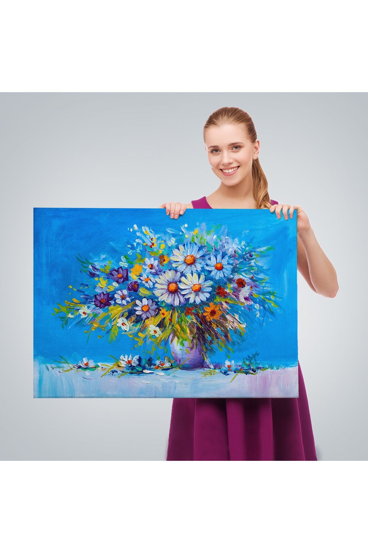 Vazodaki Çiçekler Yağlıboya Görünüm Dekoratif Kanvas Duvar Tablosu-3641