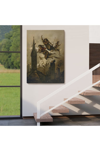 Süpürgelerindeki Cadılar Evlerinin Çatılarının Üzerinden Uçuyor Duvar Tablosu-6118