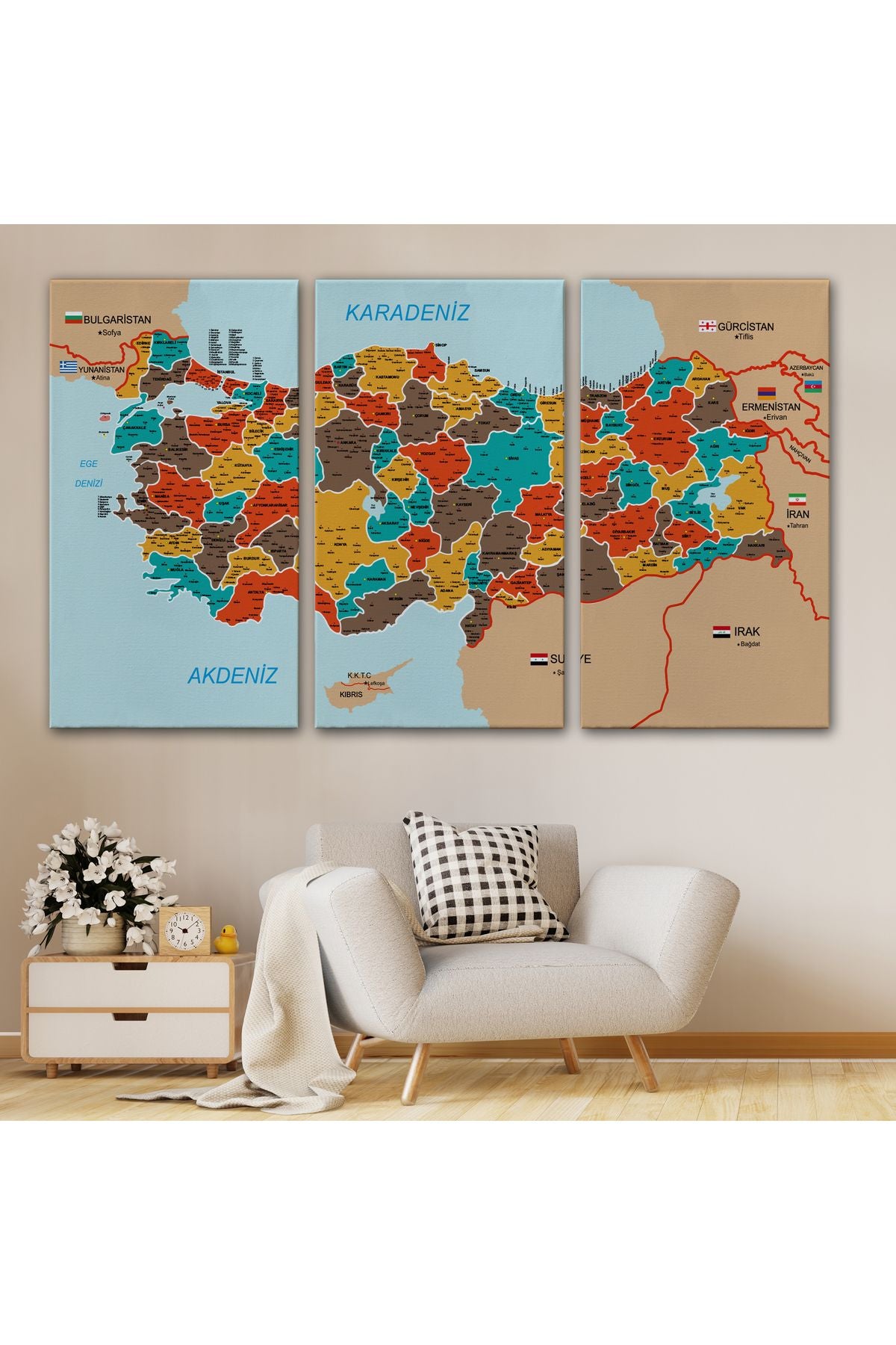 Türkiye Haritası Kanvas Tablo İl ve İlçeli Ayrıntılı Eğitici Komşulu Tablo 3010