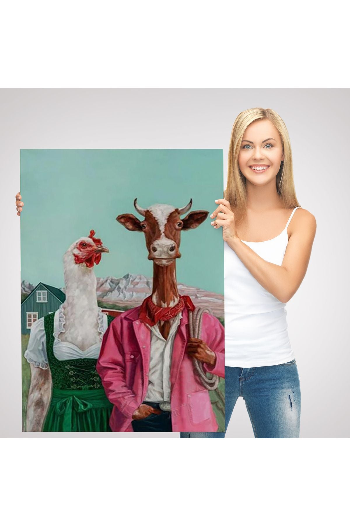 YB HG Tavuk ve İnek Amerikan Gotik Komik Çiftlik Tablosu-6349