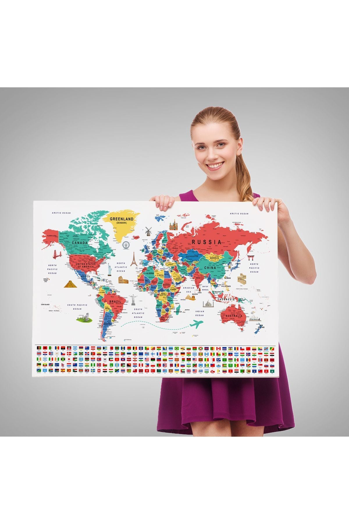 Dünya Haritası Ayrıntılı Eğitici Sembollü Bayraklı Dekoratif Kanvas Tablo 2865