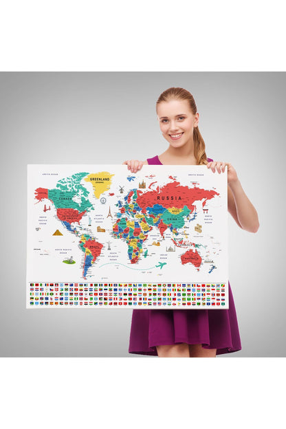 Dünya Haritası Ayrıntılı Eğitici Sembollü Bayraklı Dekoratif Kanvas Tablo 2865