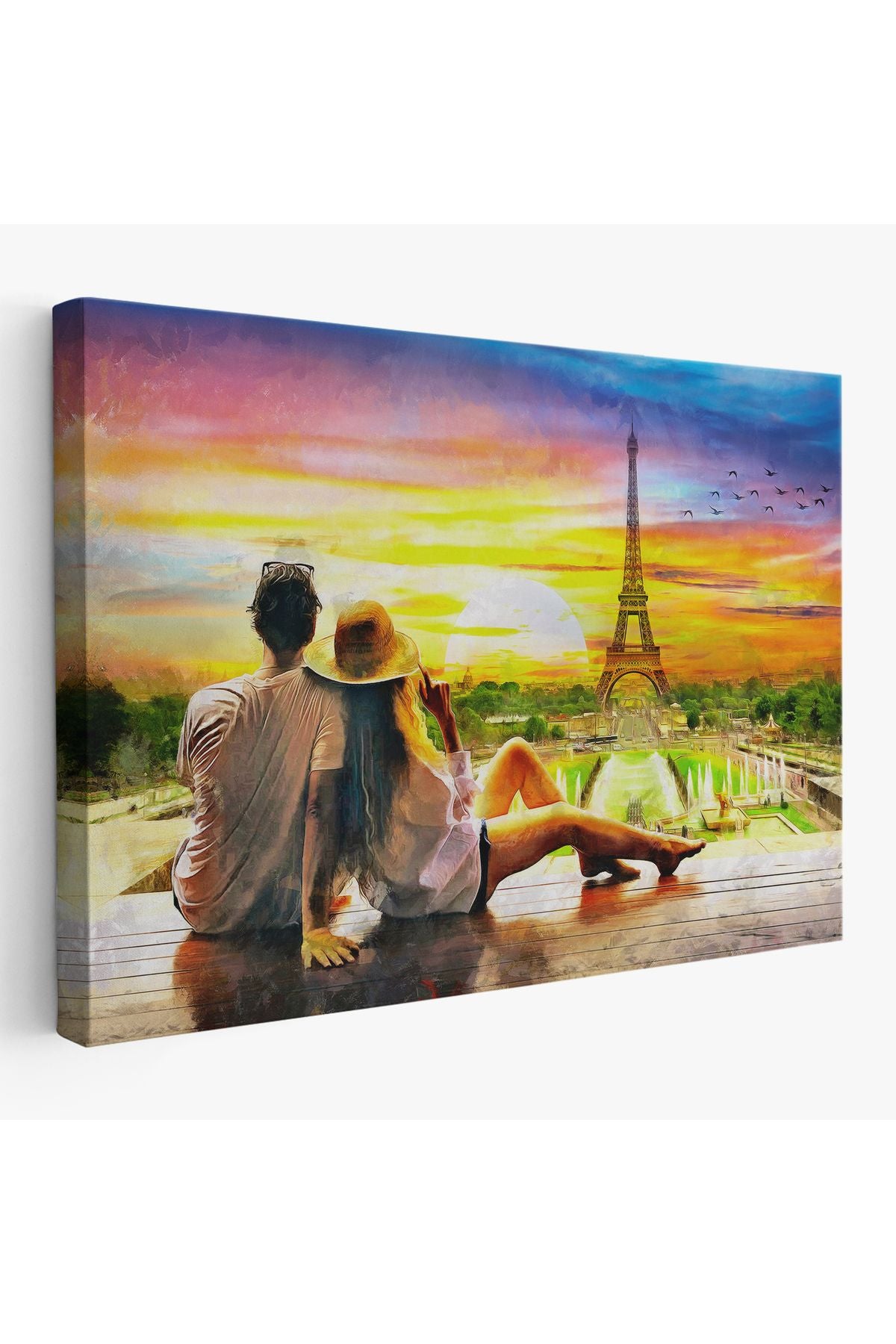 Paris Eyfel Kulesini Seyreden Romantik Çift Kanvas Tablo-3627