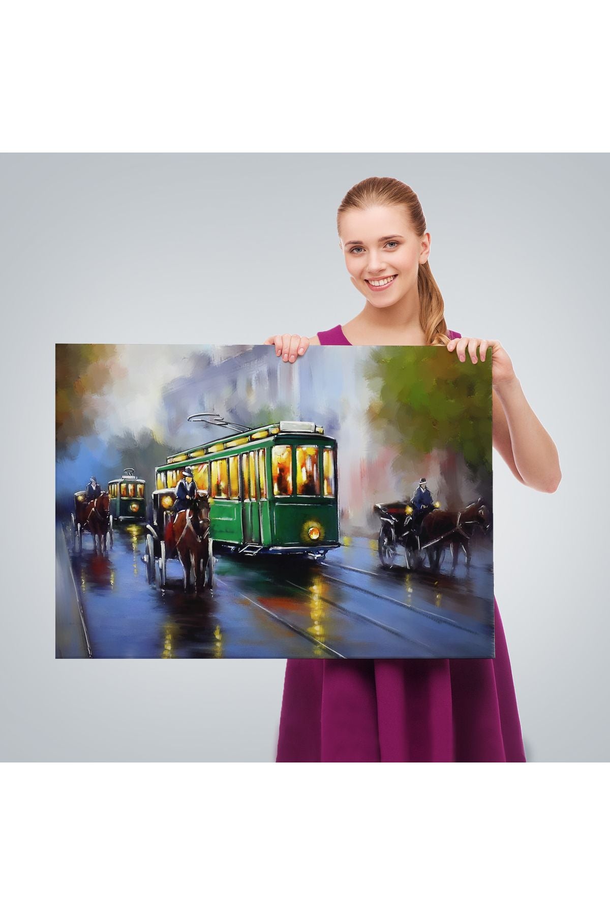 Eski Tramvay Retro Yağlıboya Görünüm Dekoratif Kanvas Duvar Tablosu-3574