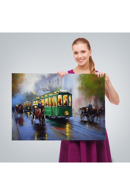 Eski Tramvay Retro Yağlıboya Görünüm Dekoratif Kanvas Duvar Tablosu-3574