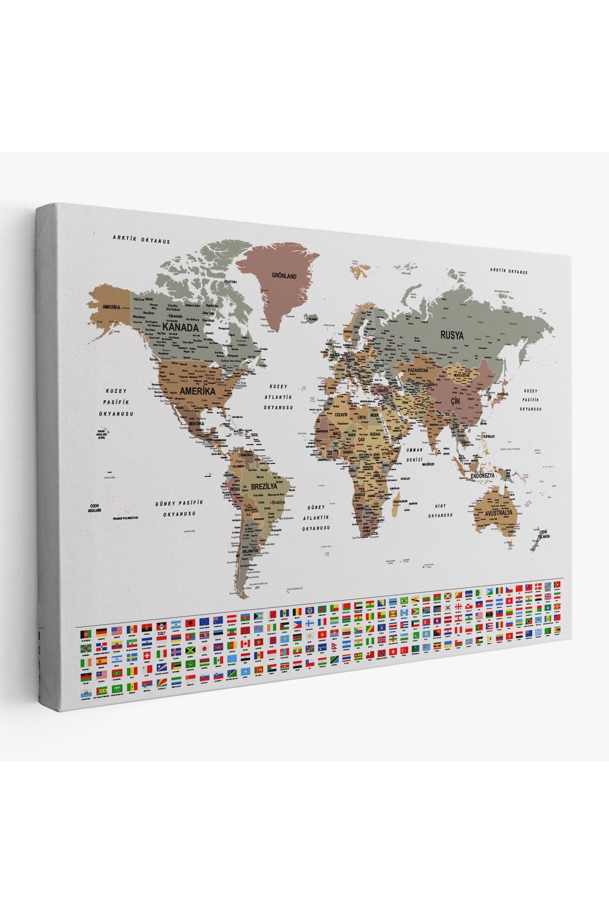 Türkçe Dünya Haritası Son Derece Ayrıntılı Eğitici ve Bayraklı Kanvas Tablo 2809