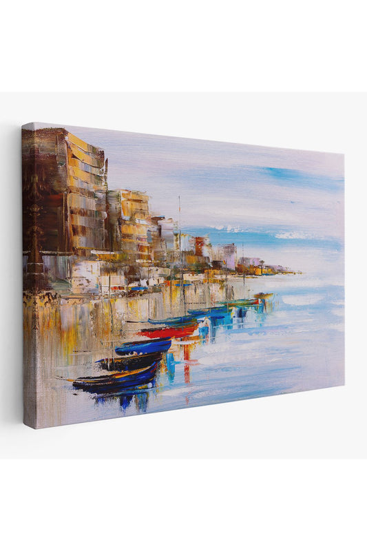 Sahildeki Renkli Tekneler Dekoratif Kanvas Duvar Tablosu-3723
