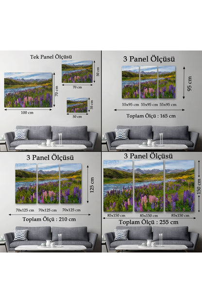 Nehir Dağ ve Mor Acı Bakla Çiçekleri Manzarası Duvar Tablosu-3759