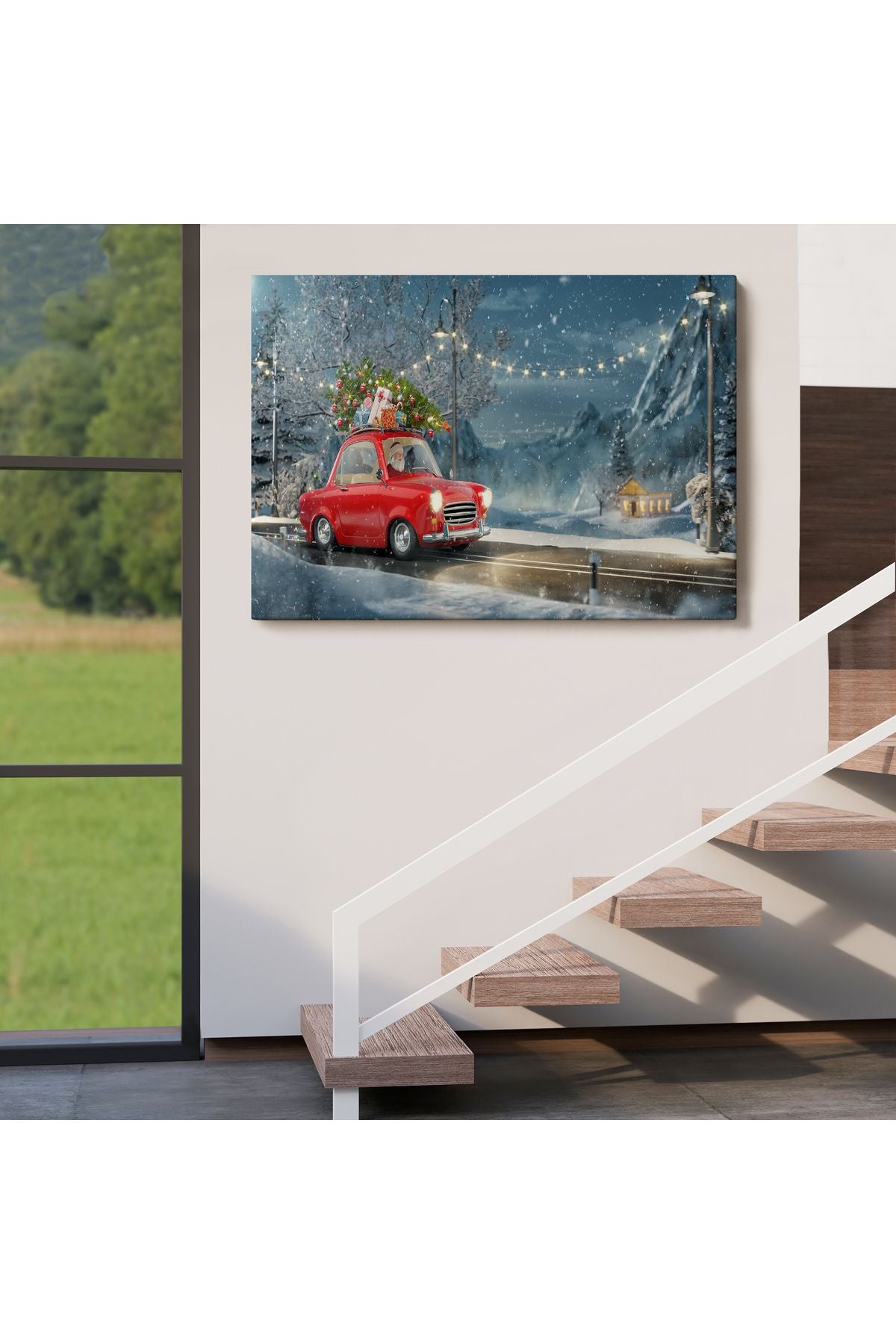 Noel Baba ve Küçük Kırmızı Retro Arabası Kanvas Duvar Tablosu-3752