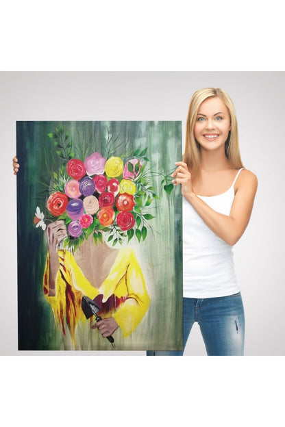 Çiçek Başlı Kadın Portresi Yağlıboya Görünüm Dekoratif Duvar Tablosu-6394