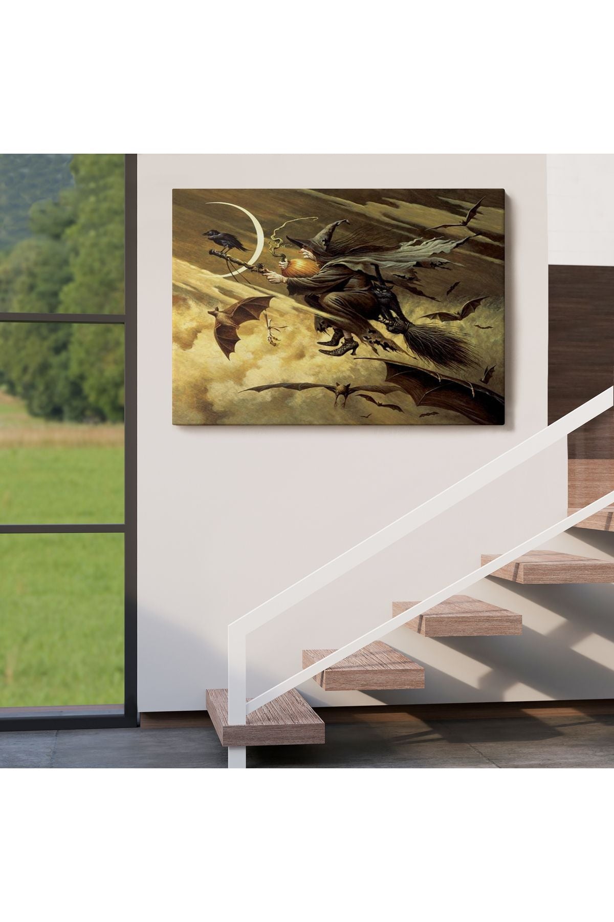 Süpürge İle Uçan Cadı ve Kedisi Cadılar Bayramı Helloven Duvar Tablosu -6559