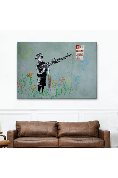 Bansky'nin Makineli Tüfekli Çocuk İsimli Eseri Kanvas Tablo, No Parking-5008