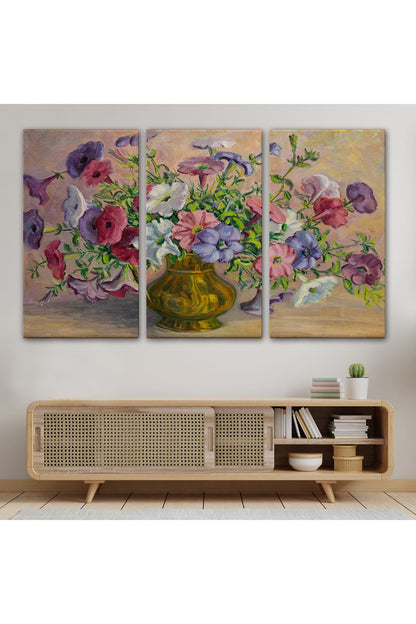 Vazoda Çiçekler Vintage Yağlıboya Görünüm Dekoratif Kanvas Duvar Tablosu-3672