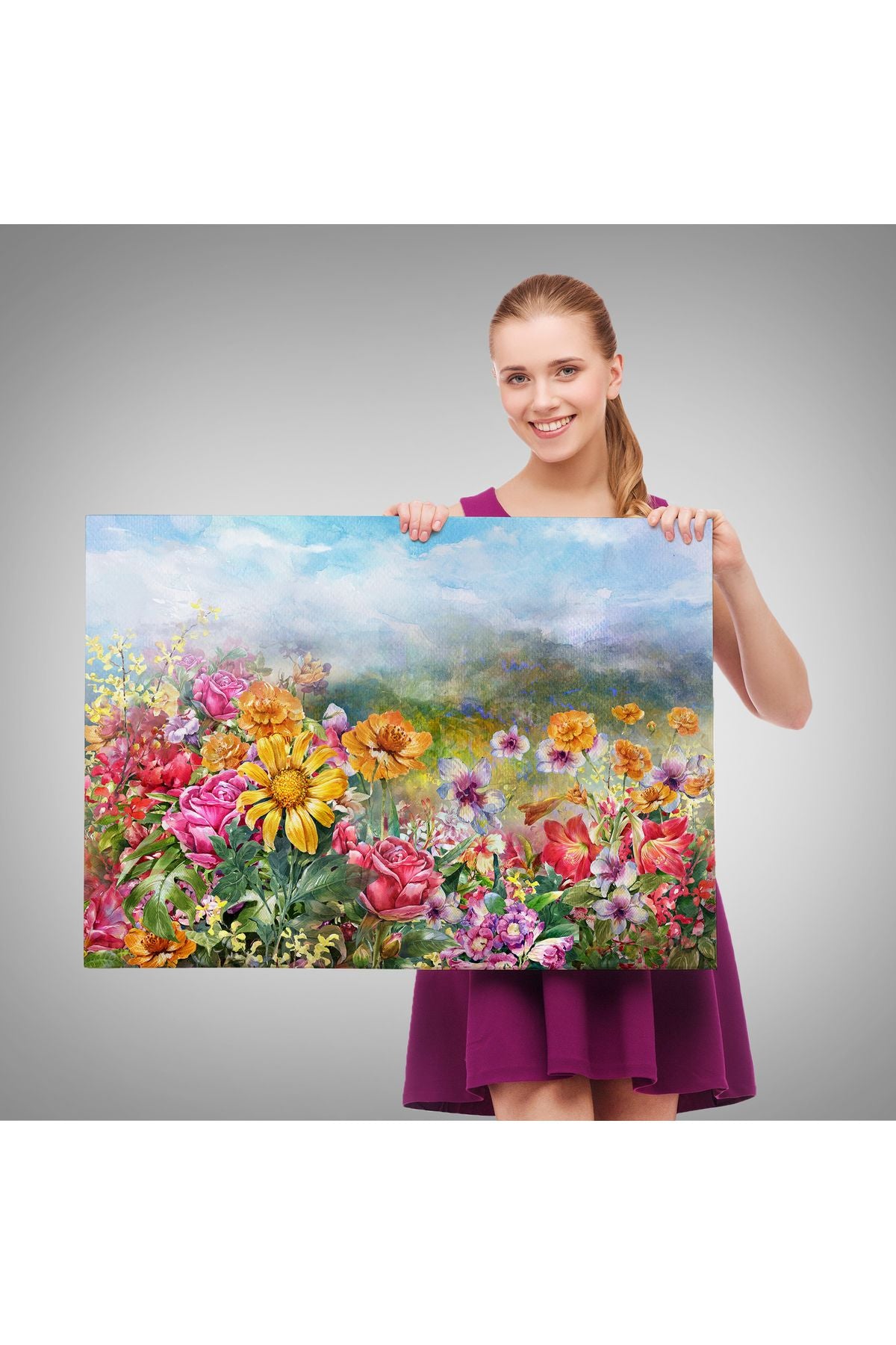 Çok Renkli Çiçekler Manzara Kanvas Duvar Tablosu-3426