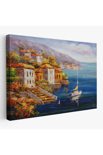 Yunanistan Harbor View Manzaralı Yağlıboya Görünüm Dekoratif Kanvas Duvar Tablosu-3532