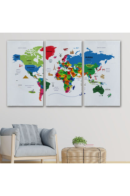 Dünya Haritası Dekoratif Kanvas Tablo Ülke ve Başkentli Öğretici ve Sembollü 2331