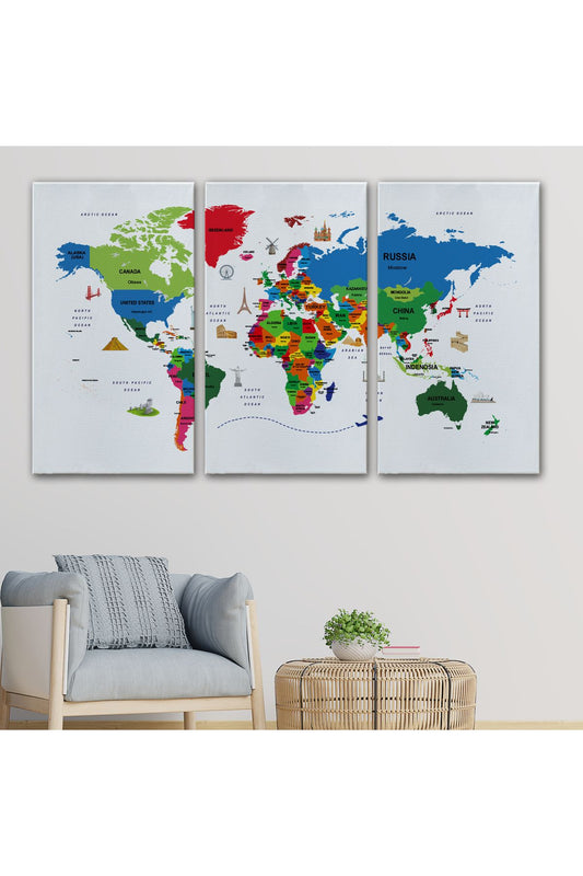 Dünya Haritası Dekoratif Kanvas Tablo Ülke ve Başkentli Öğretici ve Sembollü 2331