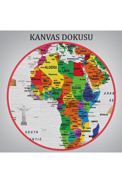 Dünya Haritası Ayrıntılı Eğitici  Sembollü Bayraklı Dekoratif Kanvas Tablo 2881