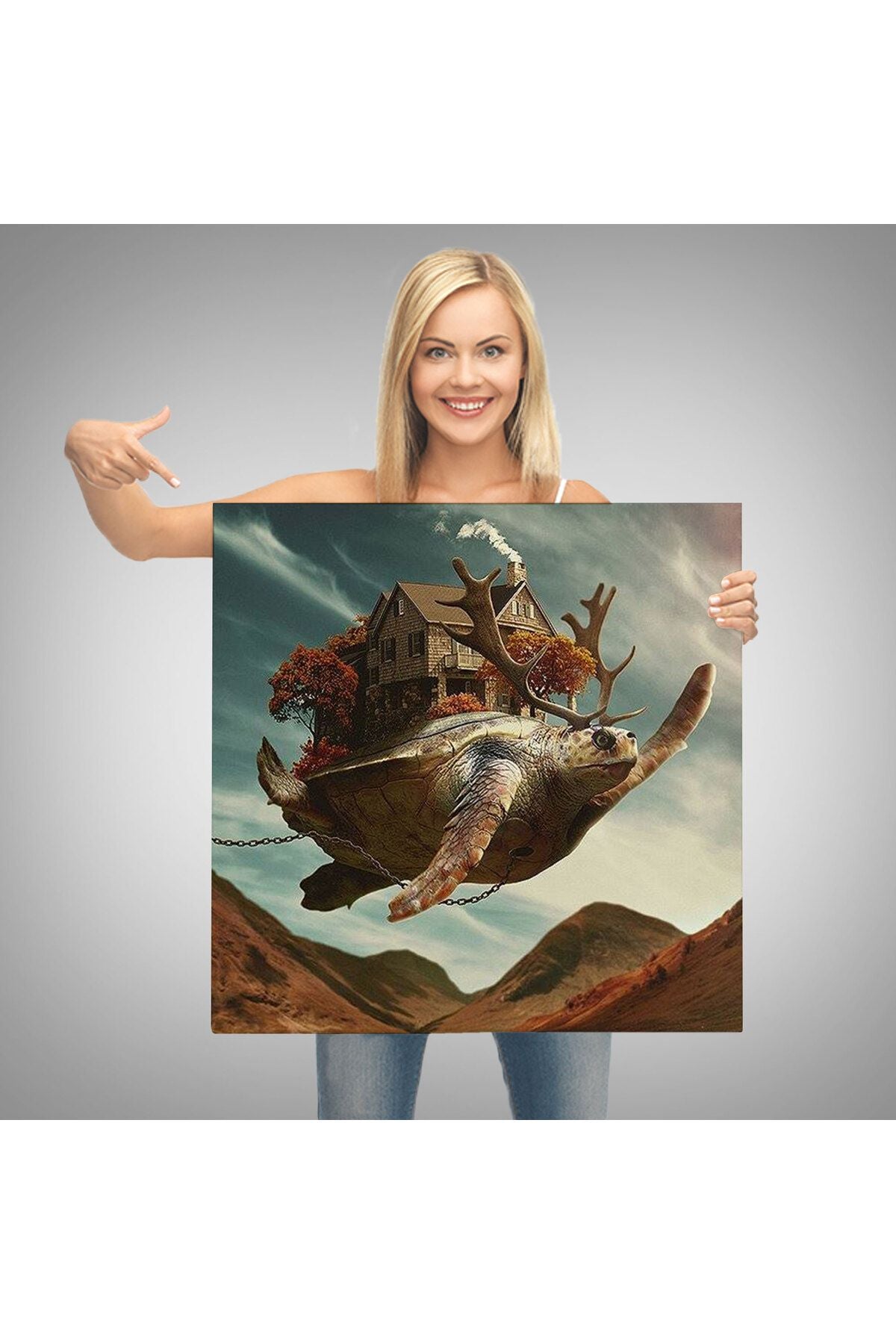 Evini Sırtında Taşıyan Uçan Kaplunbağa Sürreal Tablo-5868