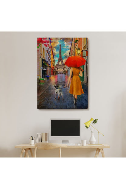 Eyfel Kulesine Yürüyen Kadın Yağlıboya Görünüm Dekoratif Kanvas Duvar Tablosu-5950