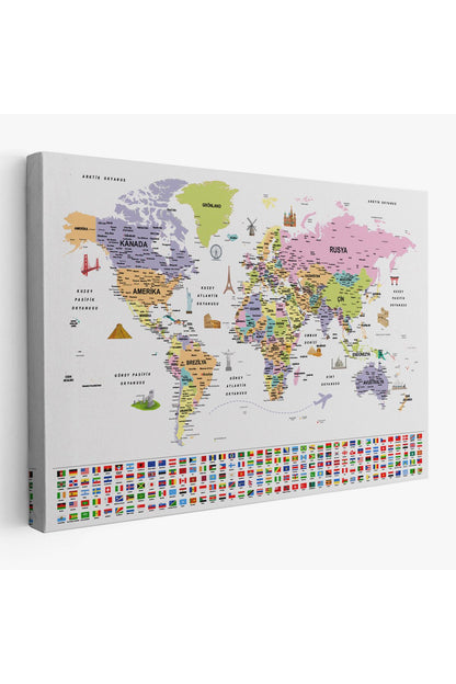 Türkçe Dünya Haritası Ayrıntılı Eğitici Sembollü Bayraklı Dekoratif Kanvas Tablo 2846
