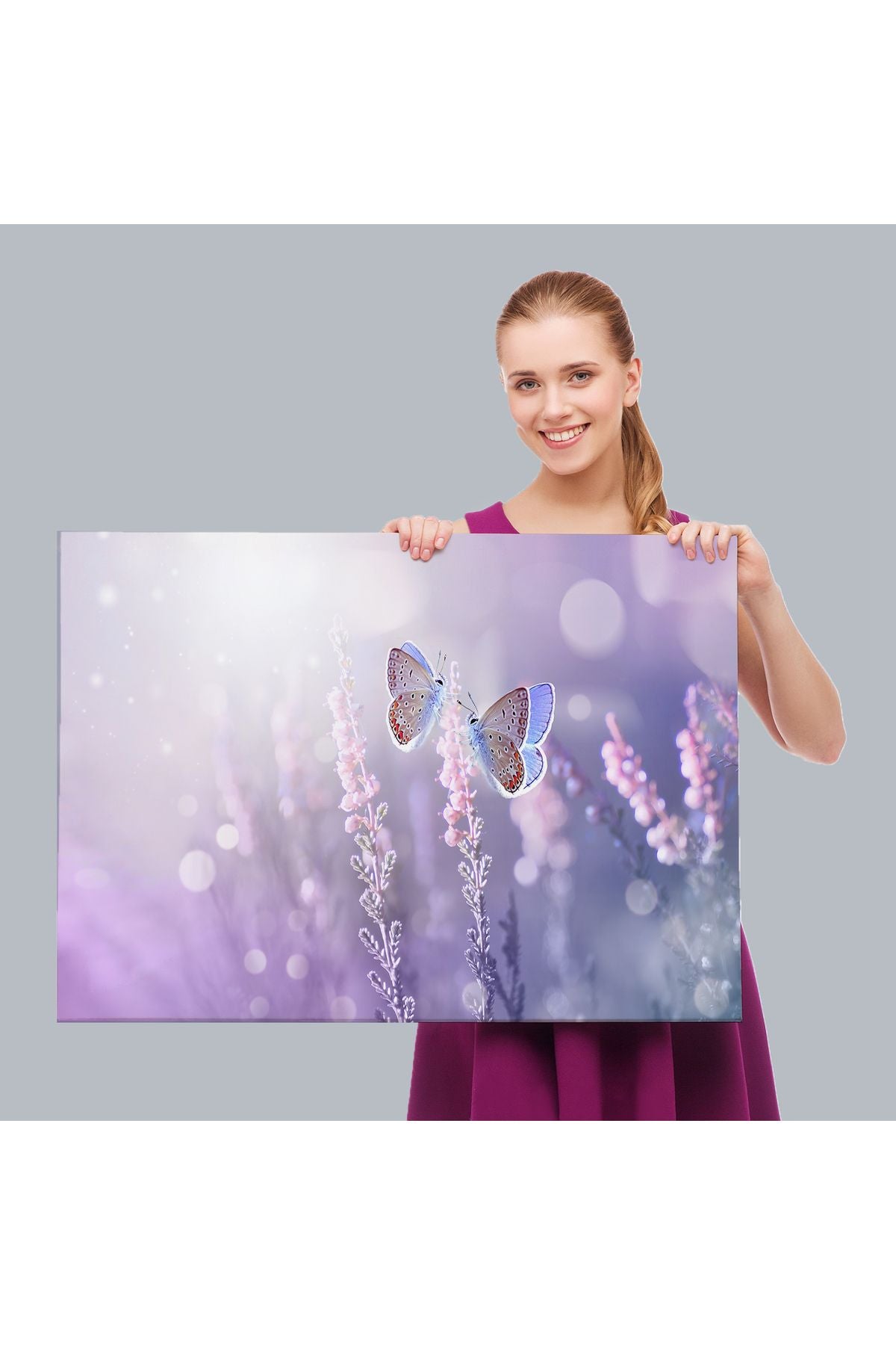 Dekoratif Kanvas Tablo-Lavanta Çiçeği ve Zarif Kelebekler Duvar Tablosu 3704
