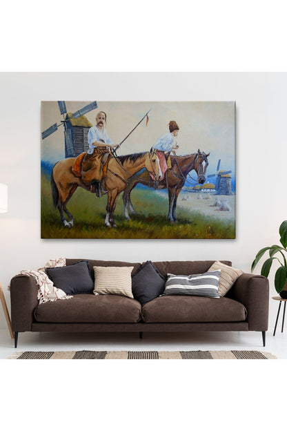 Kazakistan Kırsalında Atlı İnsanlar Yağlıboya Görünüm Kanvas Duvar Tablosu-3735