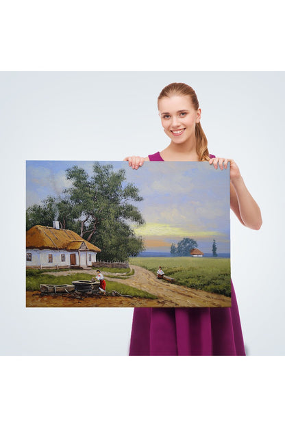 Köy Evi Manzarası Yağlıboya Görünüm Dekoratif Kanvas Duvar Tablosu-3555