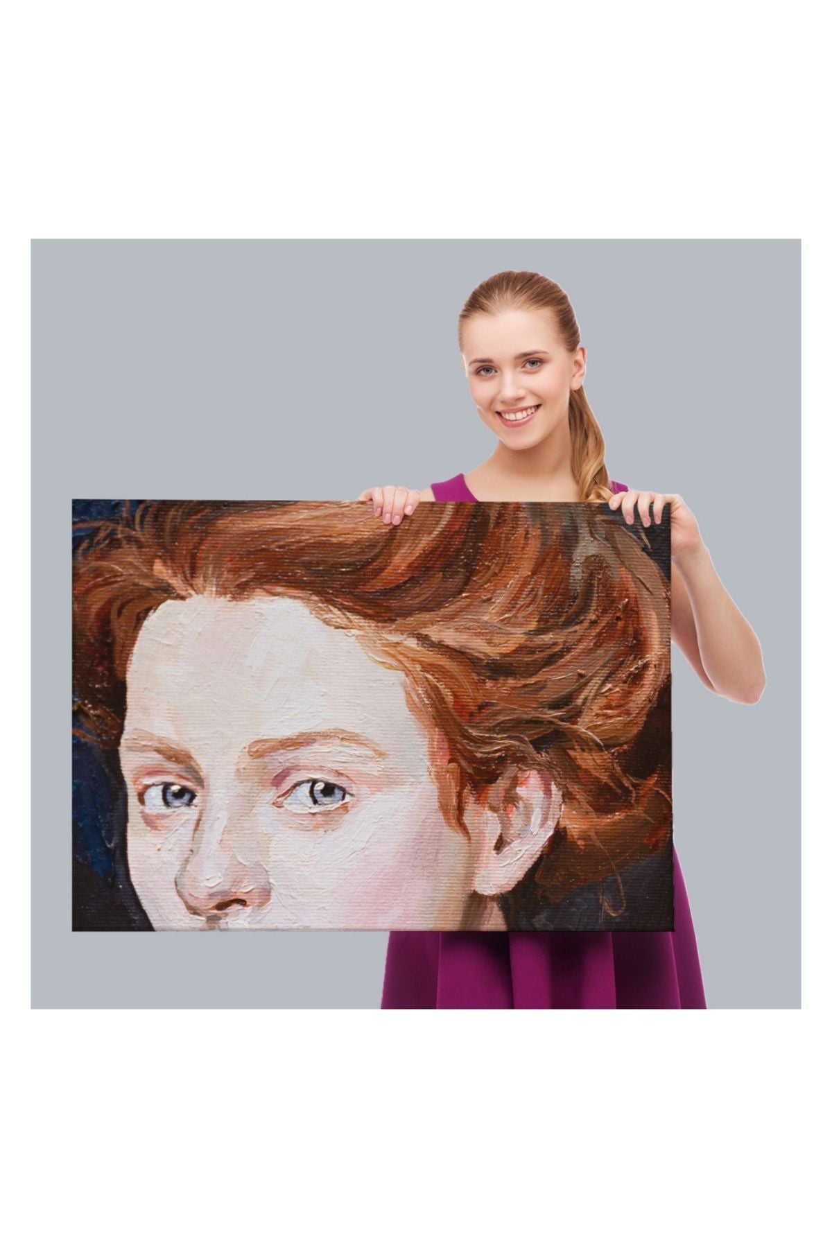 Kanvas Tablo, Duvar Dekoru, Kızıl Saçlı Mavi Gözlü Kadın Yağlıboya Görünüm 3741 BUNGKNV