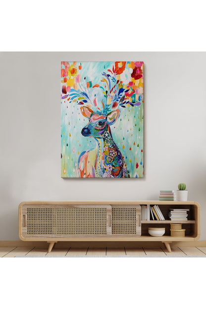 Renkli Çiçek Detaylı Geyik Dekoratif Duvar Tablosu-6196