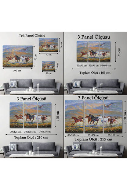 At Sürüsü ve Kartal Yağlıboya Görünüm Dekoratif Kanvas Duvar Tablosu-3600