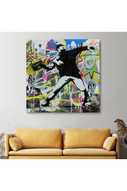 Fırlatma Çiçekleri Sokak Sanatı Kanvas Tablo, Renkli Çiçek Bombacısı, Anarşi Graffiti-5342